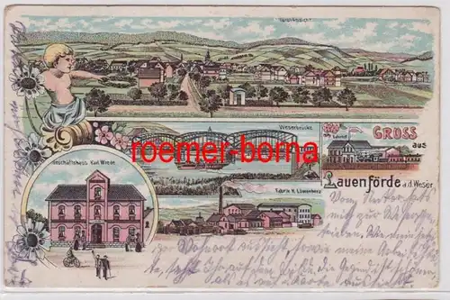 85705 Ak Lithographie Gruß aus Lauenförde an der Weser Bahnhof usw. 1924