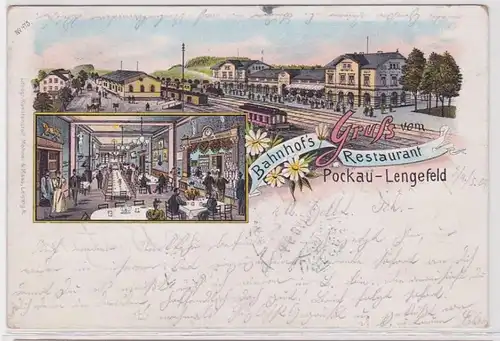 02284 Ak Lithographie Gruß vom Bahnhofs Restaurant Pockau Lengefeld 1904