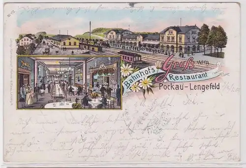 02284 Ak Lithographie Salutation du restaurant de la gare Pockau Lengefeld 1904