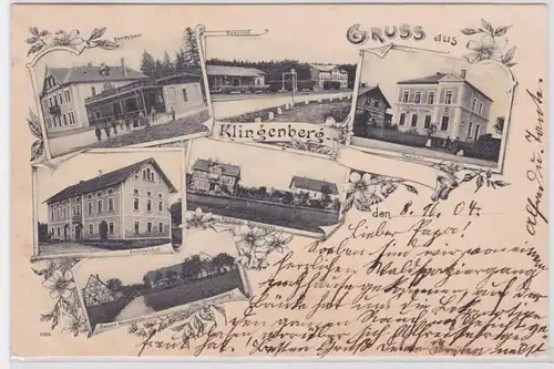 29697 AK Gruss aus Klingenberg - Sachsenhof, Bondyhaus, Bahnhof & Postamt 1904