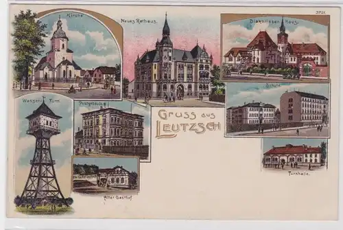 32559 Ak Lithographie Gruß aus Leutzsch Gasthof, Turnhalle, Schule usw. 1910