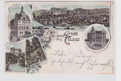 46864 Ak Lithographie Gruß aus Colditz Bahnhofstrasse usw. 1898