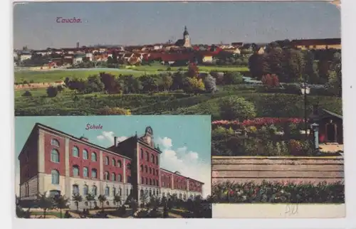 76257 Mehrbild Ak Taucha Totalansicht und Schule um 1920