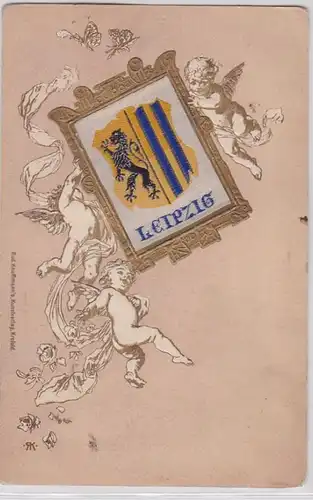 79207 Präge Ak Leipzig Engel halten gesticktes Stadtwappen um 1900