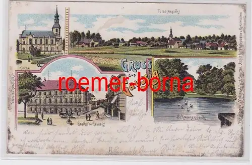 81457 Ak Lithografie Gruss aus Gaussig Gasthof, Schwanenteich usw. 1900