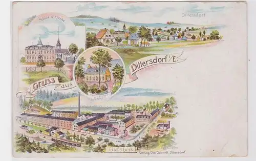 81822 Ak Lithographie Gruß aus Dittersdorf i.E. Filzfabrik Schule, Kirche um1900