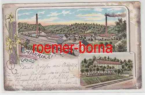 82488 Ak Lithographie Gruß aus Amerika Bahnhof und Restaurant 1900