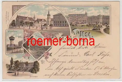 83628 Ak Lithographie Gruss aus Riesa Hotel Kaiserhof, Hotel Höpfner usw. 1898