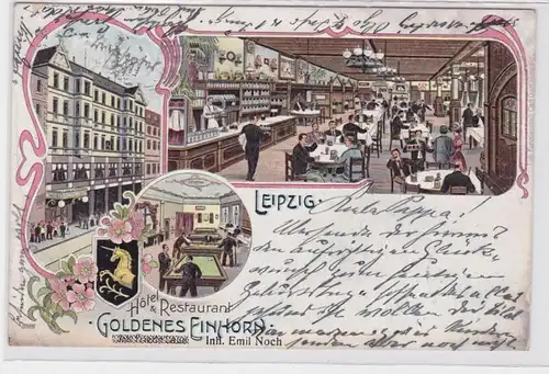 85603 Ak Lithographie Leipzig Hotel & Restaurant Goldenes Einhorn 1904