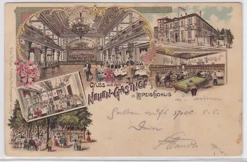 87482 Ak Lithographie Gruß aus dem Neuen Gasthof in Leipzig Gohlis 1898