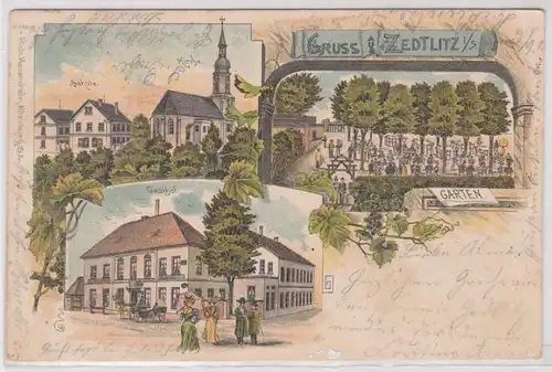 87843 Ak Lithographie Gruß aus Zedlitz in Sachsen Gasthof usw. 1899