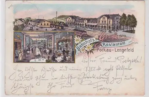 90702 Ak Lithographie Gruß aus Pockau Lengenfeld Bahnhofsrestaurant 1898