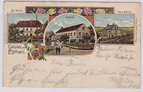 90713 Ak Lithographie Gruß aus Löthain Gasthof, alte & neue Schule 1904