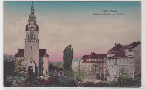 91152 Ak Leipzig Connewitz Selneckerstraße mit Kirche um 1920