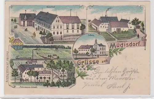 91480 Ak Lithographie Salutations de Müdisdorf Gasthof, école, etc. 1902