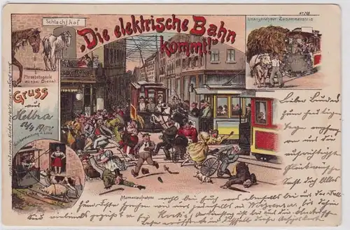 91512 Ak Lithographie Gruß aus Leipzig 'Die elektrische Bahn kommt!' 1900