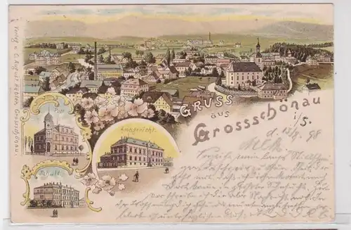 91628 Ak Lithographie Gruß aus Grossschönau in Sachsen Post, Schule usw. 1898