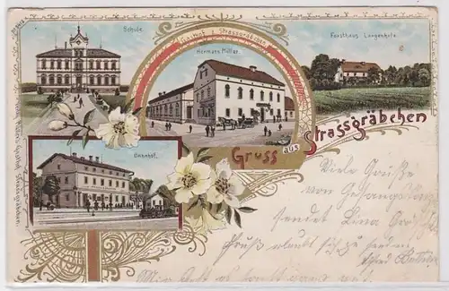91908 Ak Lithographie Gruß aus Strassgräbchen Gasthof, Schule, Bahnhof 1908