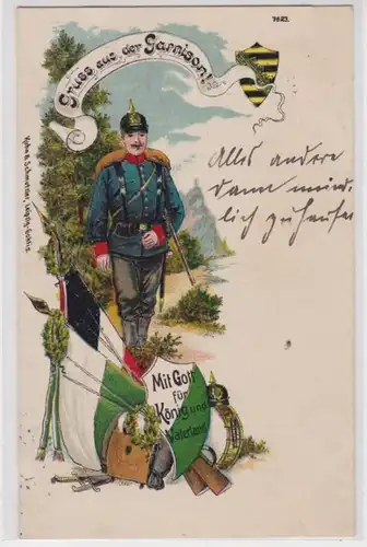 93864 Lithografie AK Gruss aus der Garnison! Mit Gott für König & Vaterland 1906