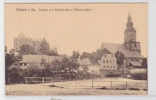 94250 AK Döbeln in Sachsen - Schule mit Stadtkirche und Mulden-Wehr 1927