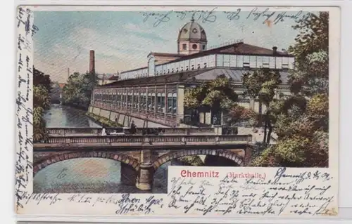 94261 AK Chemnitz - Markthalle, Flusspartie mit Brücke 1904
