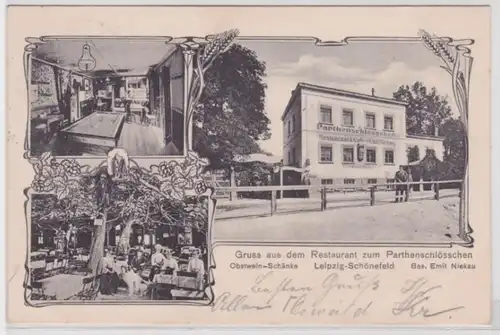 98361 Ak Gruß aus dem Restaurant zum Parthenschlößchen Leipzig Schönefeld 1906