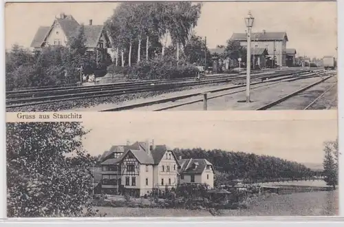 98561 Mehrbild Ak Gruß aus Stauchitz Bahnhof usw. 1908
