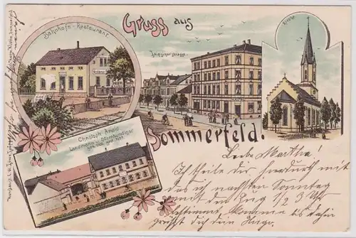 98639 Ak Lithographie Gruß aus Sommerfeld Bahnhof Restaurant usw. 1900