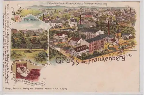 99827 Ak Lithographie Gruß aus Frankenberg Reformbettenfabrik usw. um 1900