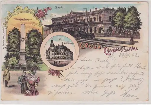 99930 Ak Lithographie Gruß aus Crimmitschau Bahnhof, Kriegerdenkmal usw. 1902