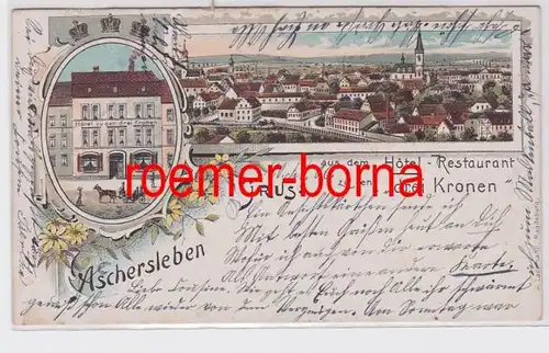 81798 Ak Lithografie Gruss aus Aschersleben Hotel zur den drei Kronen 1906