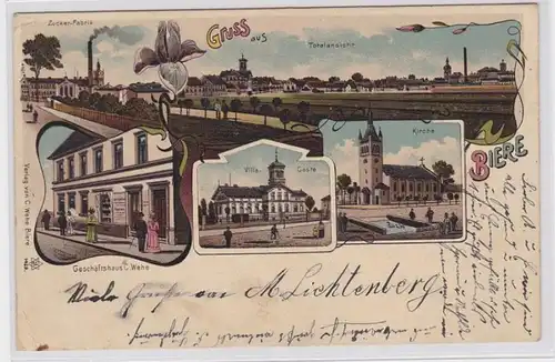 91803 Ak Lithographie Gruß aus Biere Zuckerfabrik, Geschäftshaus usw. 1909
