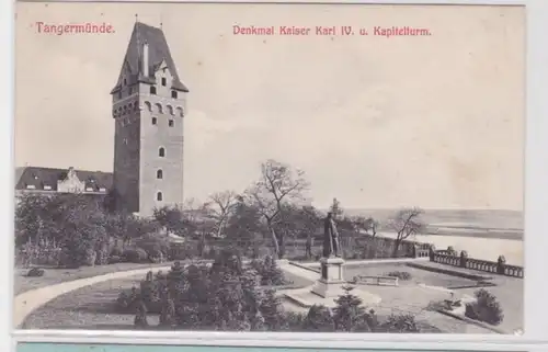 93782 Ak Tangermünde Denkmal Kaiser Karl IV. und Kapitelturm um 1910
