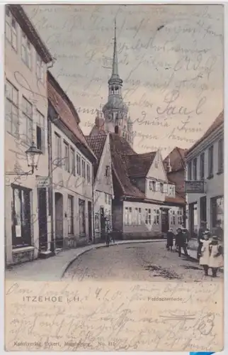 85105 AK Itzehoe in Holstein - Feldschmiede, Straßenansicht mit Geschäften 1905