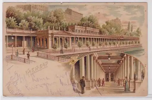 41042 Ak Lithographie Karlovy Vary Fontaine de Mühl Colonnade 1902