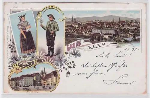 77397 Ak Lithographie Gruss de Eger Cheb Vue totale, marché vers 1900