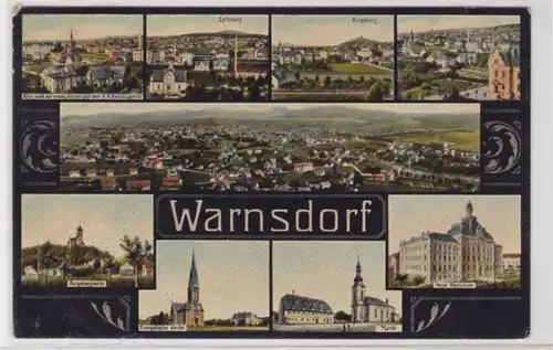89114 AK Warnsdorf - Burgsbergwarte, Neue Realschule, Markt, év. Eglise 1913
