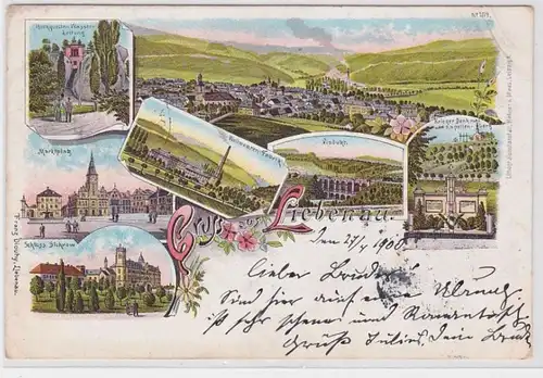 91568 Ak Lithographie Gruß aus Liebenau Wollwarenfabrik, Viadukt usw. 1900