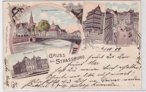 94763 Ak Lithographie Gruss aus Strassburg im Elsass Gewerbslauben usw. 1899