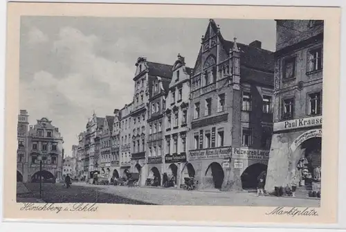 91678 Ak Hirschberg in Schlesien Marktplatz mit Geschäften um 1930