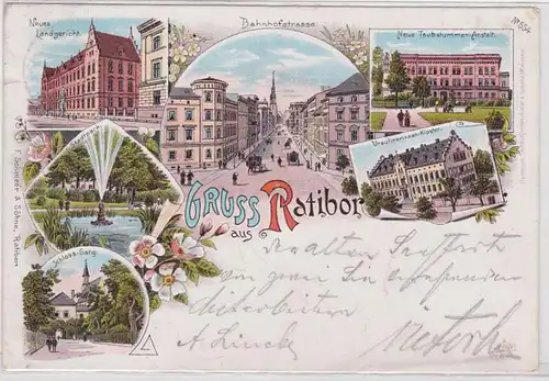 97542 Ak Lithographie Gruß aus Ratibor Bahnhofstrasse usw. 1899