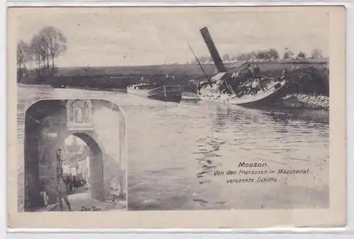 90858 Feldpost Ak Mouzon des Français bateaux coulés dans le canal de Maas 1916