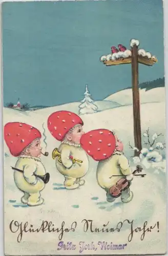 92489 Nouvel An Ak 3 nains déguisés en champignons à mouches avec des intruments musicaux 1935