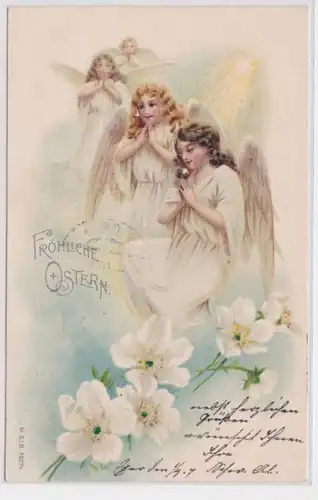 61796 Fröhliche Ostern Ak 4 Engel mit Blumen beim Gebet 1907