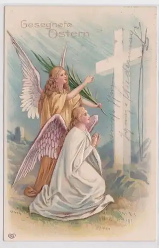 64763 Gesegnete Ostern Präge Ak 2 Engel beten vor Kreuz 1908