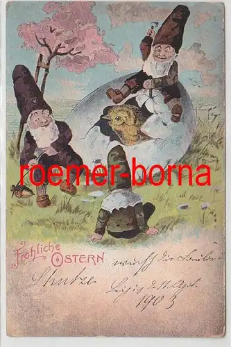 83263 Fröhliche Ostern Ak 3 Zwerge öffnen Ei mit Küken 1903