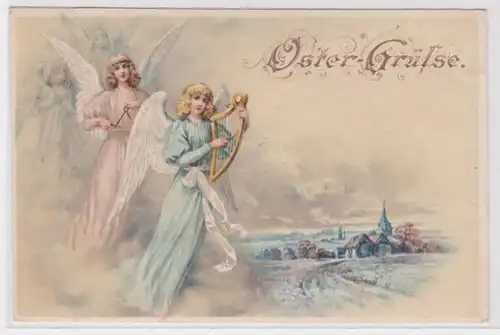 96176 Ostergrüße Ak Engel mit Harfe und Triangel um 1900