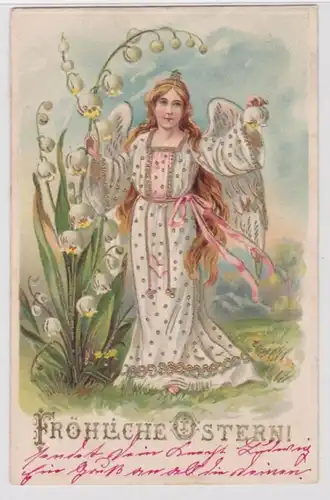 96288 Fröhliche Ostern Präge Ak Engel mit Maiglöckchen 1906