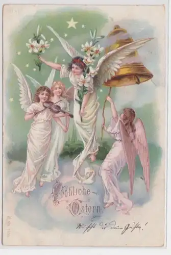 96781 Fröhliche Ostern Ak 4 Engel mit Glocke und Geigenspiel 1901