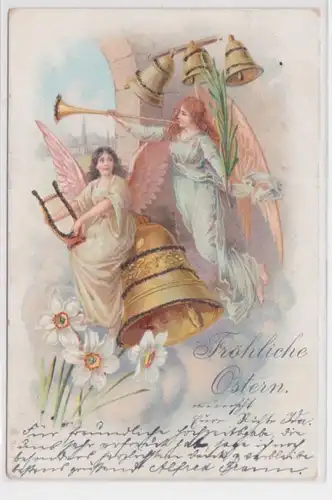98012 Fröhliche Ostern Ak 2 Engel mit Harfe und Posaune 1901
